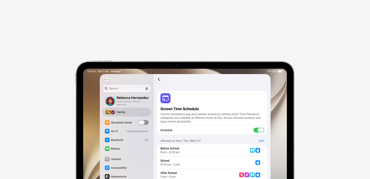 iPad displaying the Screen Time Schedule feature with a horizontal timeline showing which categories of apps and websites are allowed before school, during school and after school.
