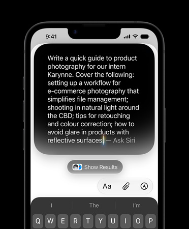 iPhone 17e, showing detailed typed prompt for Write with Siri to create a draft