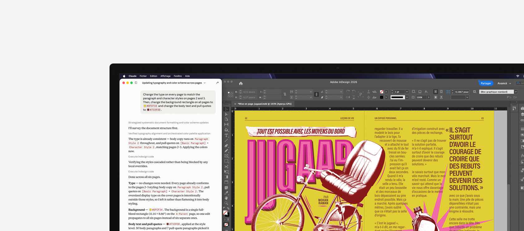 Claude et Adobe InDesign 2026 ouverts sur un écran, Claude montre une requête générative pour modifier la mise en page d’un document, Adobe InDesign 2026 affiche le document en cours de modification