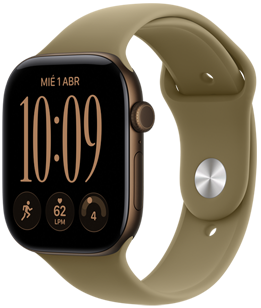 Apple Watch Series 12, caja de aluminio, color bronce oscuro, carátula Modular, complicaciones: día y fecha, Entrenamientos, Frecuencia Cardiaca, Disposición, parte lateral derecha, Digital Crown, botón lateral, correa deportiva, color oliva