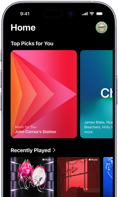 Obrazovka iPhonu s panelem Pusťte si v aplikaci Apple Music. Na karuselu Výběr toho nejlepšího pro vás se zobrazují osobní stanice a playlisty Kim Petras.