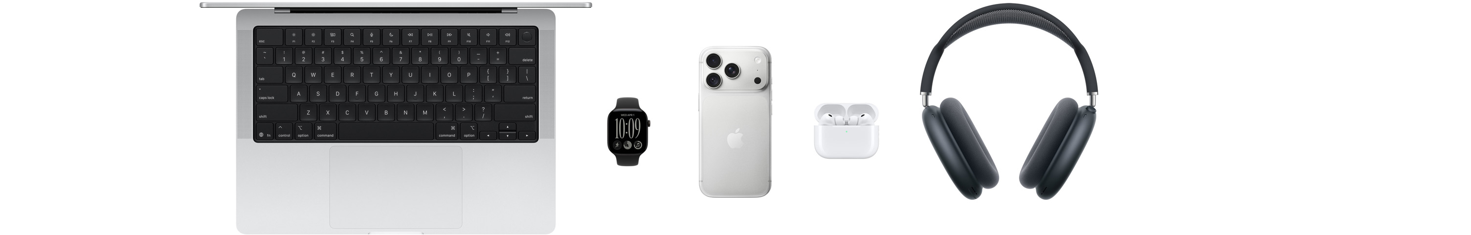 Vari prodotti Apple, tra cui MacBook, Apple Watch Series 11, iPhone 17 Pro, AirPods Pro 3 e AirPods Max