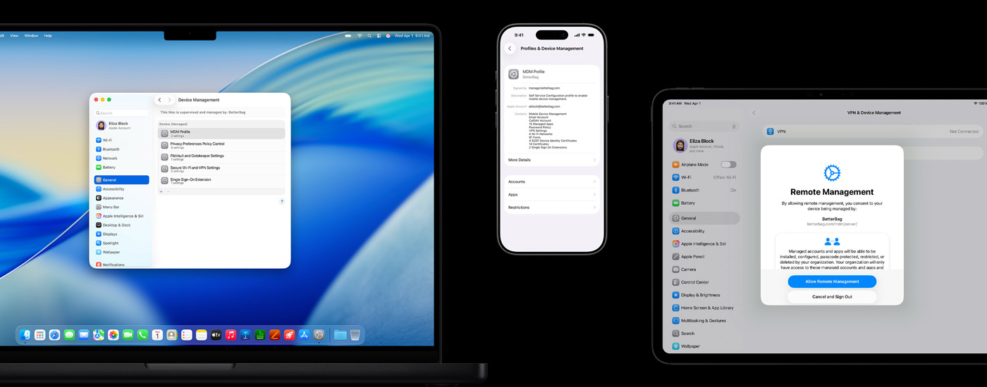 Tre Apple-enheder vises: Til venstre viser en Mac-computer et vindue med enhedsadministration. I midten viser en iPhone indstillingerne for en profil til administration af mobile enheder. Til højre viser en iPad et vindue med ekstern administration.
