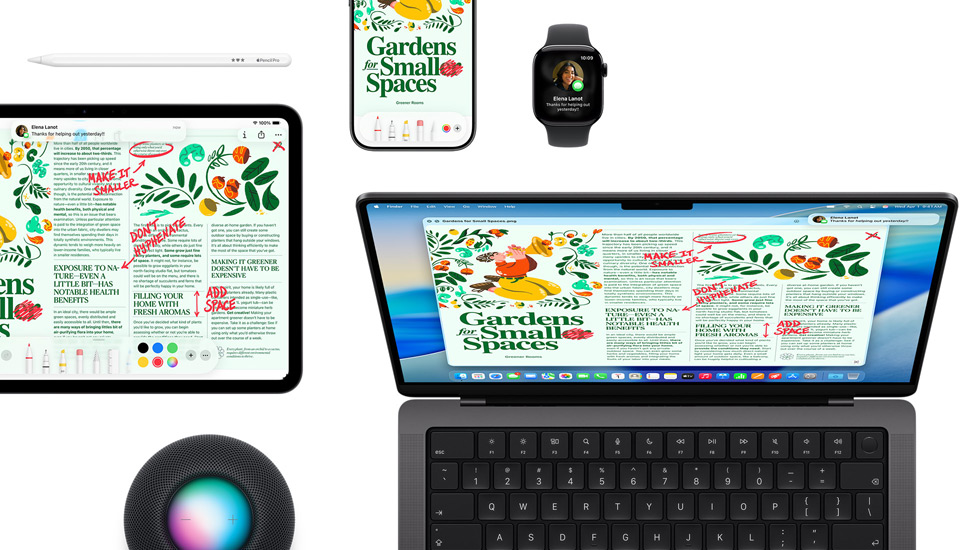En række enheder, herunder iPad, iPhone, Apple Watch og Mac med macOS Tahoe, der alle viser det samme magasinlayout.