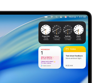 Mac-skrivebord med macOS Tahoe og forskellige widgets, herunder Ur, Kalender og Noter.
