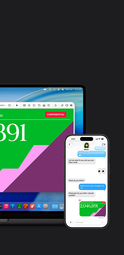 En Mac med en præsentation og en macOS Tahoe-baggrund. Foran Mac-computeren er der en iPhone med den samme præsentation i en beskedudveksling.