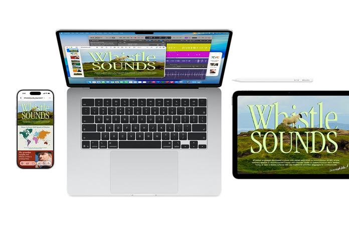 En Mac, en iPhone og en iPad viser det samme Whistle Sounds-projekt på tværs af skærmene for at illustrere, hvor nemt Apple-enheder arbejder sammen