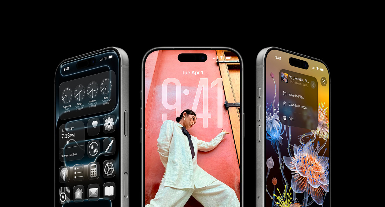 Tre iPhone 17 Pro-modeller side om side vist forfra viser appen Verdensur, iOS 26-låseskærmen, og hvordan man gemmer fra en note i appen Noter.