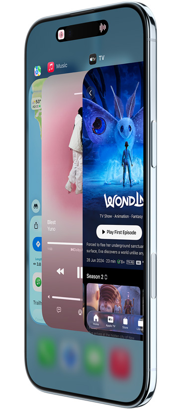 iPhone Air, vist forfra og fra siden med apps som Kort, Musik og Apple TV for at demonstrere Appskifter-funktionen i brug