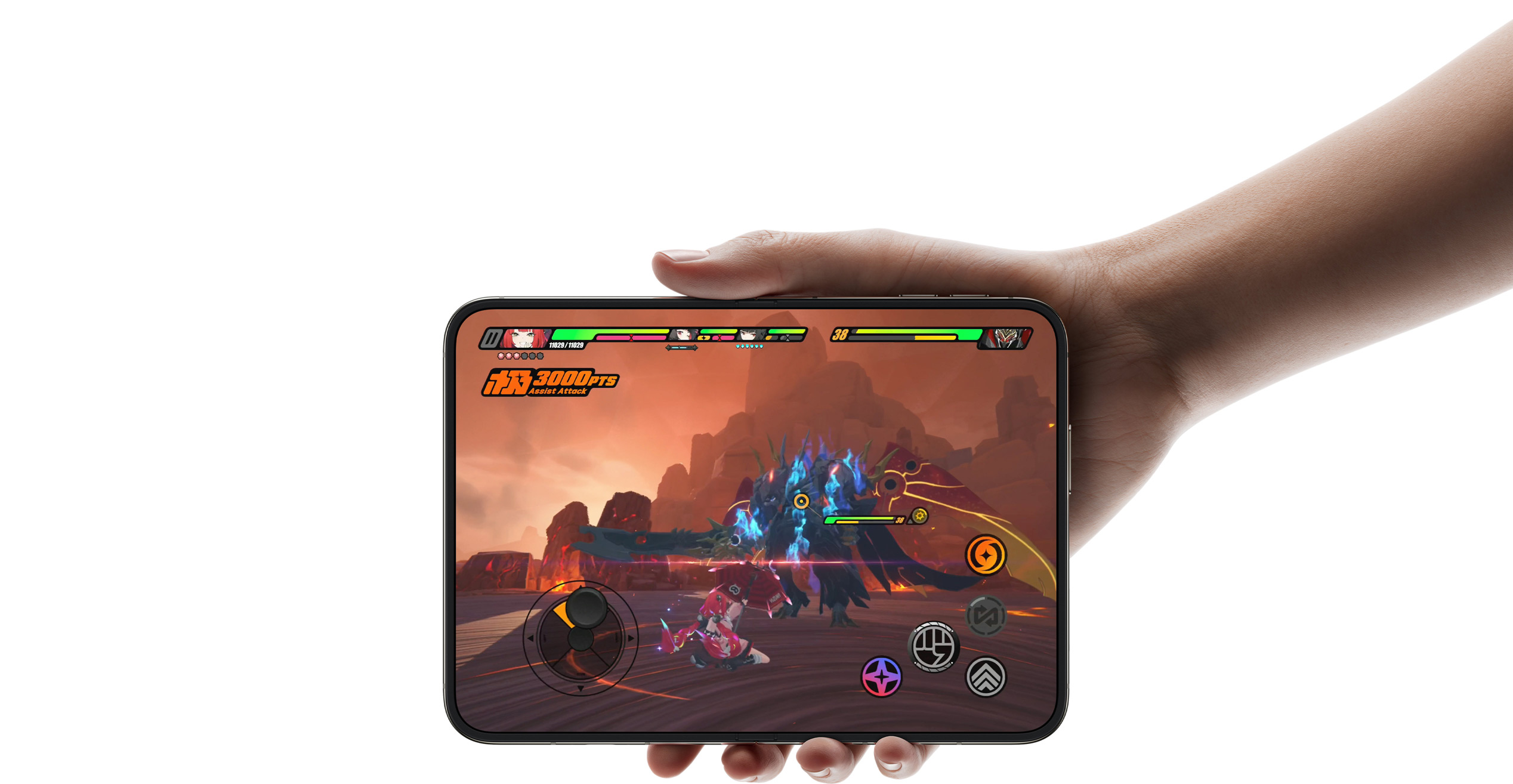 iPhone Duo, ouvert à l’horizontale, Detail, une app de montage IA, affichée sur l’écran interne