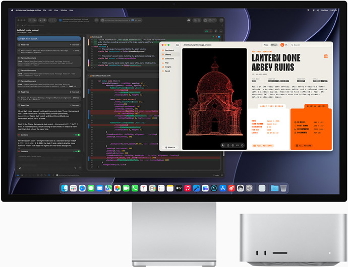 Studio Display XDR, lo schermo mostra un documento elaborato con Claude Agent in XCode; Mac Studio mostrato di fronte