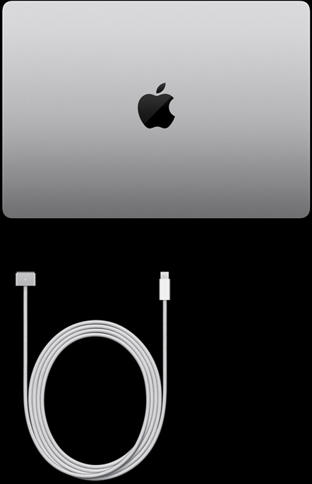 Un MacBook Pro 14 pollici e un cavo da USB-C a MagSafe 3