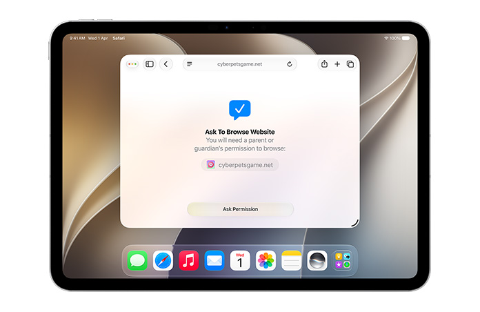 iPad 螢幕展示「瀏覽前詢問」介面，通知使用者需獲許可才能瀏覽，下方設有「Ask Permission」按鈕。