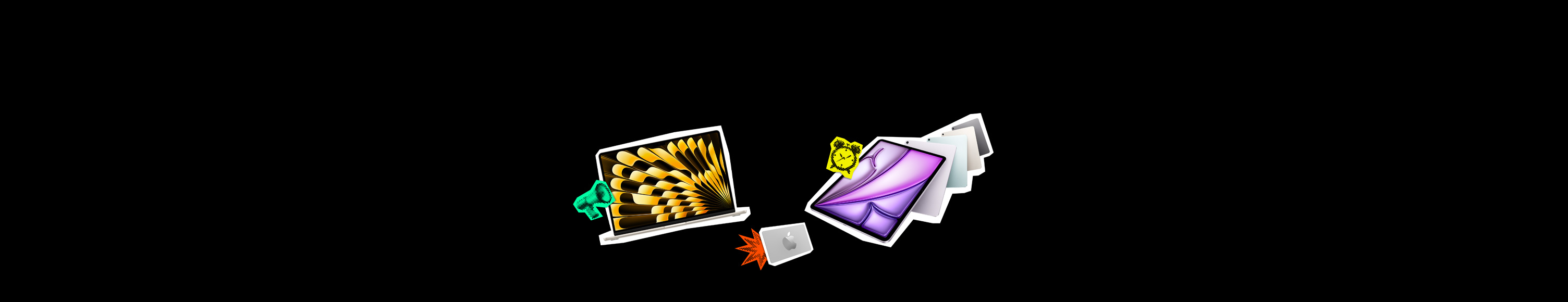 MacBook, display showing gold and black design on screen, megaphone emoji sticker, Apple Store Gift Card, rectangular, colorful Apple logo in the center, firecracker emoji sticker, iPad models in multiple colors, stacked vertically, clock emoji sticker