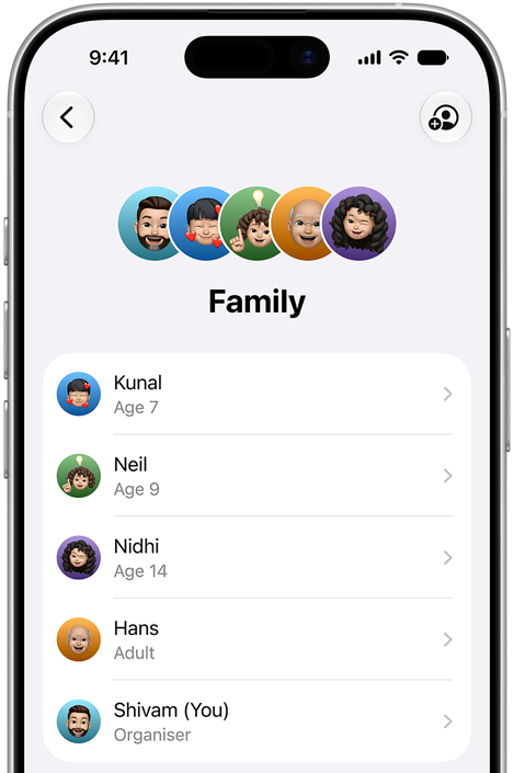 iPhone displaying the Family interface with multiple family member accounts, from children to adults.