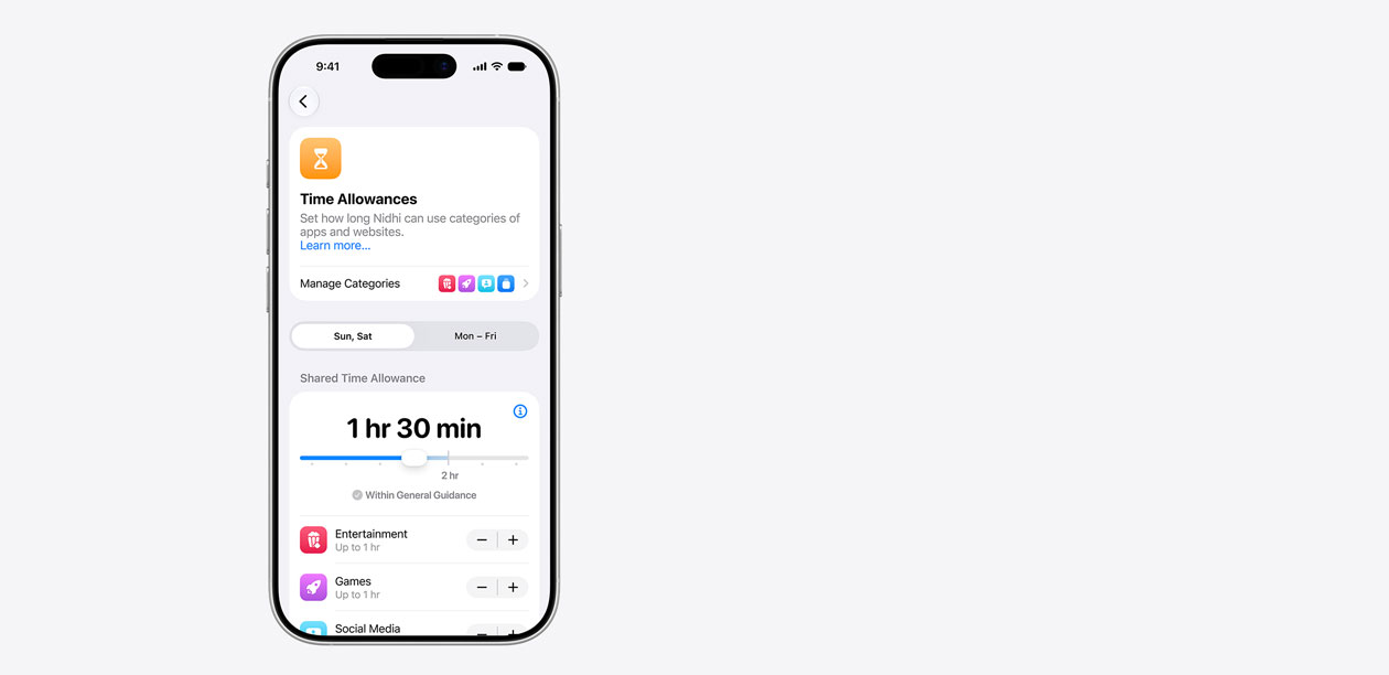 iPhone displaying Time Allowance interface, including a shared time allowance of one hour and 30 minutes, and suggested allowances for app categories like entertainment, games, and social media.