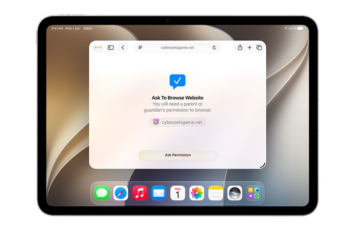 iPad displaying Ask to Browse interface, notifying the user that they need permission to browse with “Ask permission” button below.