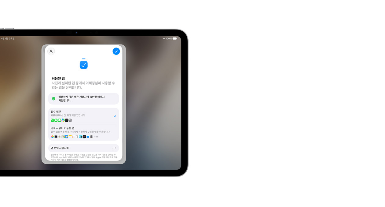 실버 색상 iPad Pro 11 화면에 부모가 자녀를 대신해 선택할 수 있는 앱 모음을 보여주는 설정 지원 앱이 표시되어 있습니다