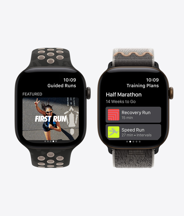 ساعات Apple Watch Series 12، إطارات ألومنيوم، لون أسود، الشاشات: تطبيق Nike Run Club، ميزة تمارين الركض الموجّه، ميزة الخطط التدريبية، الأحزمة: حزام رياضي Nike، لون After Dark بالأسود، حزام Loop رياضي Nike، لون After Dark بالأسود
