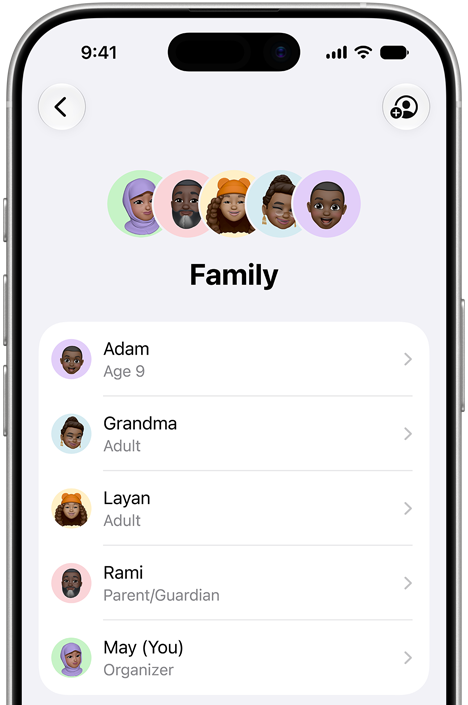 iPhone displaying the Family interface with multiple family member accounts, from children to adults.