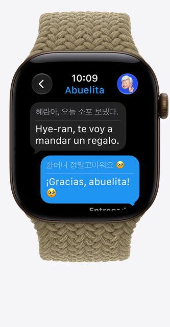 Apple Watch Series 12, caja de aluminio, color bronce oscuro, Traducción en Vivo cambia el idioma de un iMessage a inglés, correa uniloop trenzada, color verde oliva (verde tierra claro)