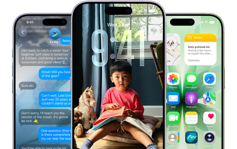 iPhone 17 devices, front exterior, colors: mist blue, lavender, sage, iOS features - Background with messages, Liquid Glass showing the Lock Screen and Home Screen with various apps displayed