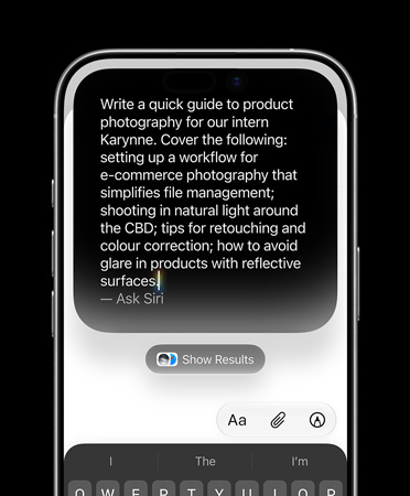 iPhone 17 showing detailed typed prompt for Write with Siri to create a draft