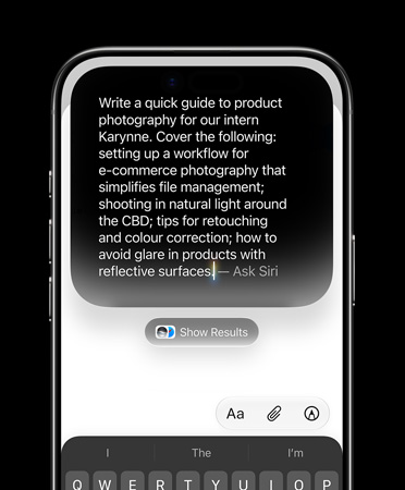 iPhone Air, screen showing detailed typed prompt for Write with Siri to create a draft