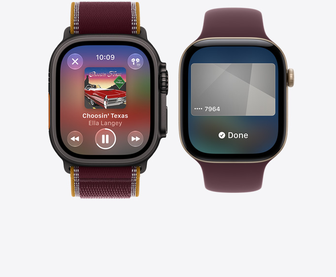 Apple Watch Ultra 4 z kopertą z tytanu w kolorze czarnym i opaską Trail w kolorze burgunda, ekran Odtwarzane w Apple Music; Apple Watch Series 12 z kopertą z aluminium w kolorze jasnego złota, opaska sportowa w kolorze burgunda, ekran Apple Pay, karta