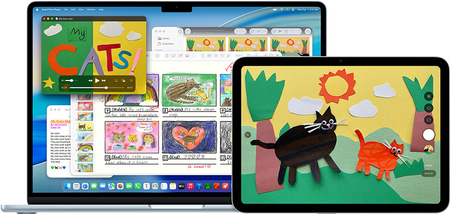 Mac และ iPad แสดงงานนำเสนอสุดสร้างสรรค์ที่มีรูปสัตว์ผิวนูน ซึ่งแสดงให้เห็นถึงความอเนกประสงค์ของอุปกรณ์