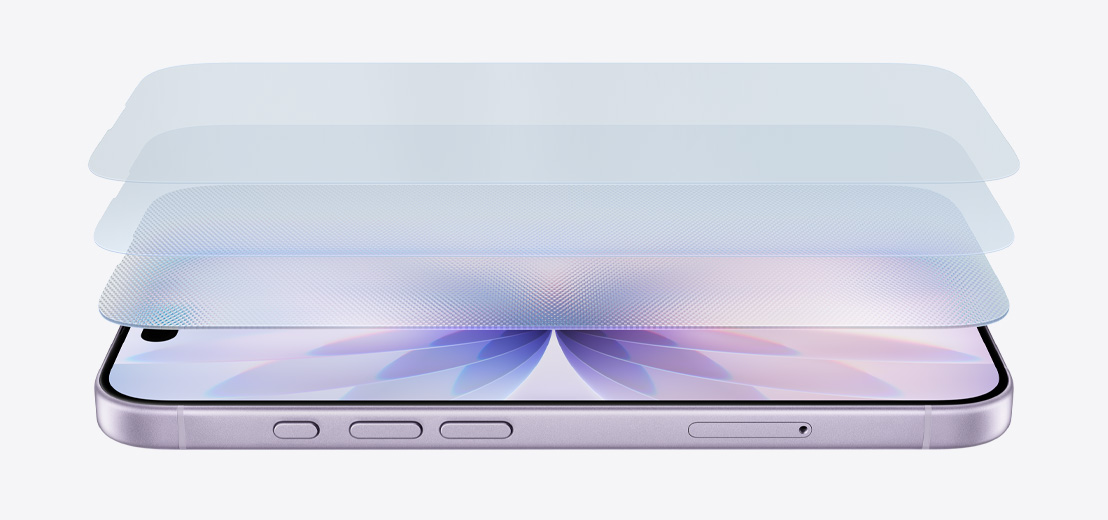 iPhone 17 horizontal on its side in Lavender finish, with a layered design showcasing Ceramic Shield 2