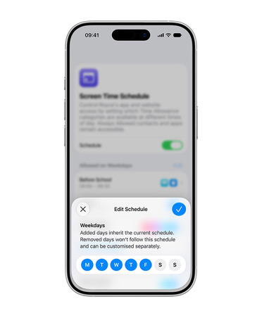 iPhone displaying scheduling interface, prompting user to edit daily allowance for a Child Account.