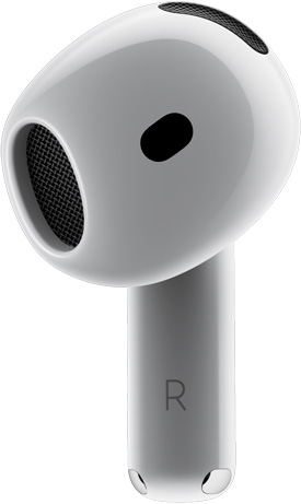 AirPods 4 prezentând vederea frontală a unei căști AirPods, evidențiind designul ergonomic.