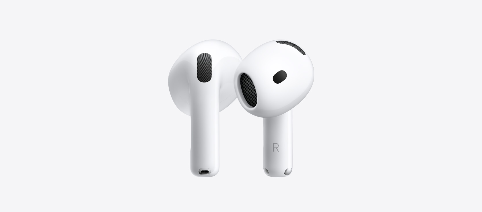 AirPods 5：展示白色橢圓形無線耳筒，耳塞內有聲學揚聲器網罩，短耳筒柄配備銀色充電接口，並有代表左右的字母標示