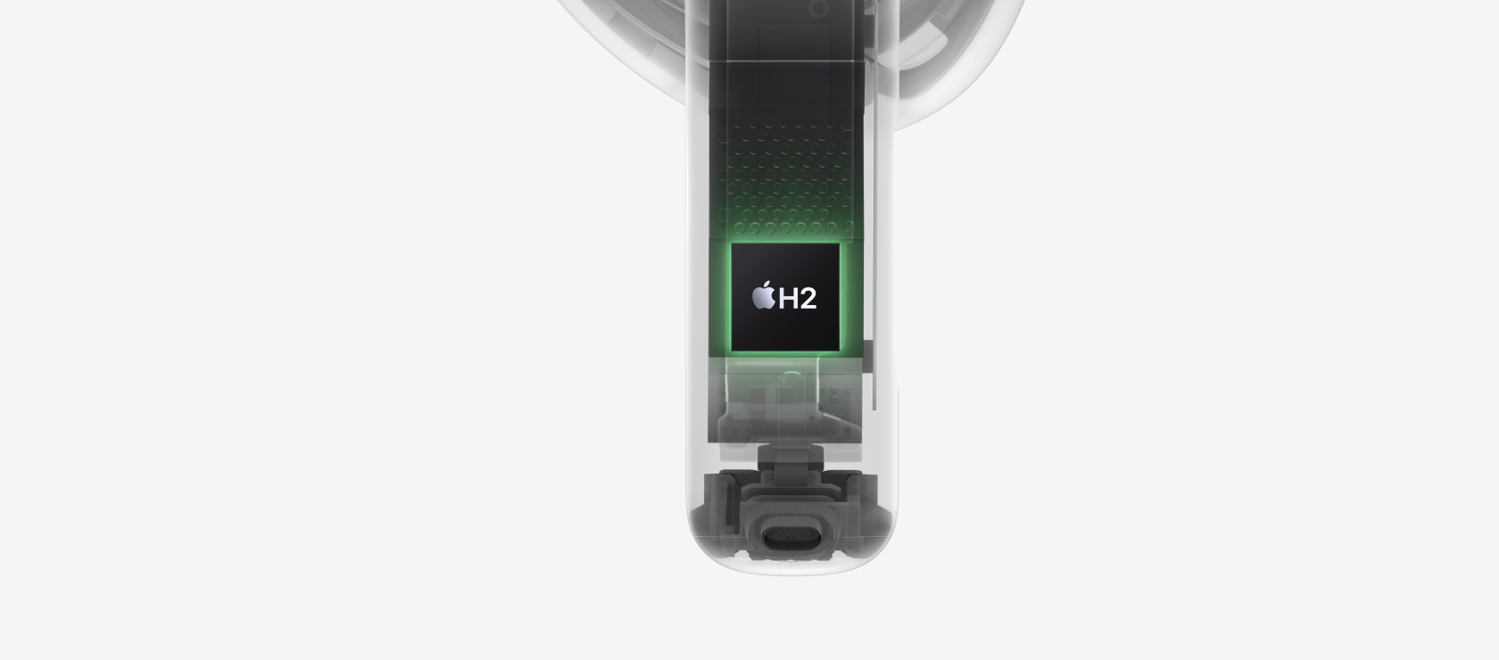 AirPods 5 內部結構，重點展示耳筒柄內的 H2 晶片。