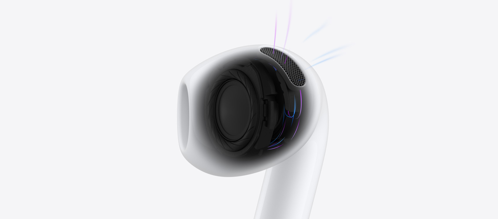 AirPods 5 內部結構，藍色線條代表通過耳筒的氣流和聲音