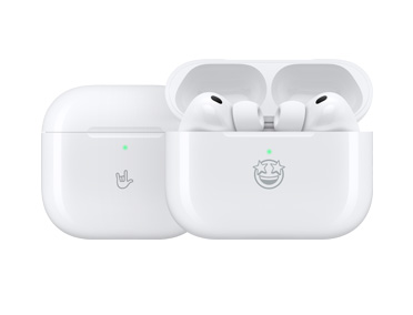 Productos Apple con grabado personalizado: estuche de carga MagSafe (USB-C) con grabado en la parte frontal: emoji de rockear; estuche de carga MagSafe (USB-C), estuche abierto, AirPods Pro 3, con grabado en la parte frontal: emoji de cara sonriente con estrellas