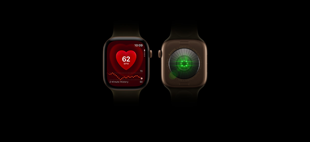 Two Apple Watch Series 12 devices, aluminum case, dark bronze color, olive Sport Band, one showing front of watch with Heart Rate app, one showing back of watch with Health Sensing System with glowing green LED lights