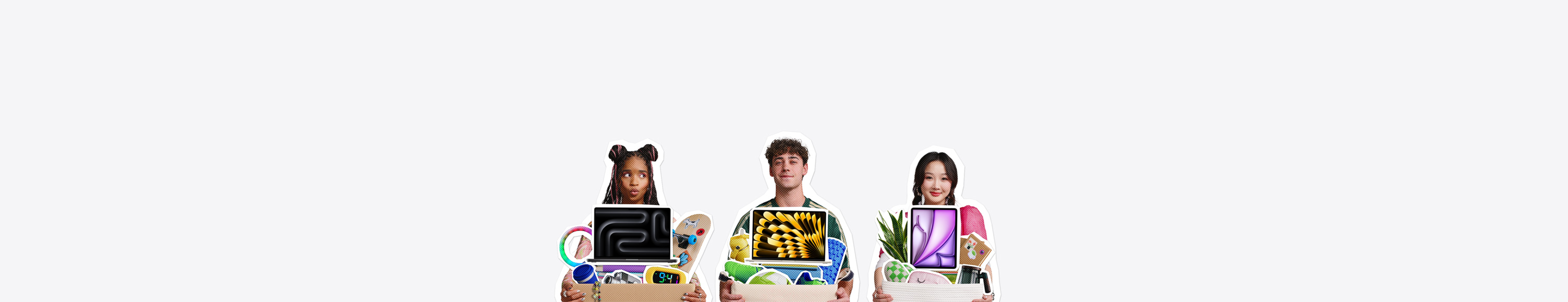 Estudiantes con distintos modelos de MacBook y iPad, y artículos de dormitorio en contenedores rectangulares