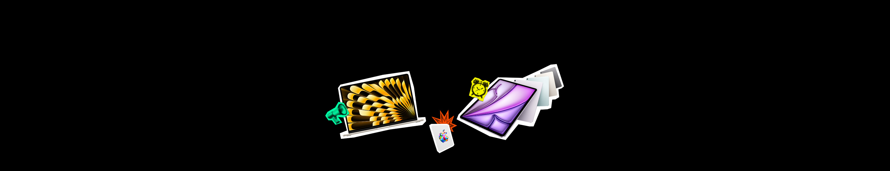 MacBook, display showing gold and black design on screen, megaphone emoji sticker, Apple Gift Card, rectangular, colorful Apple logo in the center, firecracker emoji sticker, iPad models in multiple colors, stacked vertically, clock emoji sticker