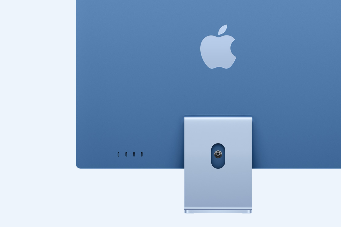 Vista posterior de un iMac azul, que destaca los cuatro puertos USB-C