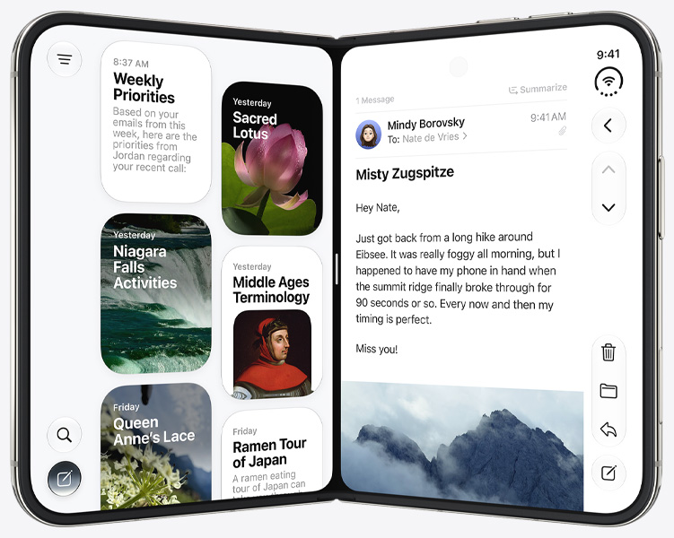 iPhone Duo stands upright in open book position, left panel shows Siri app, right panel shows the Messages app