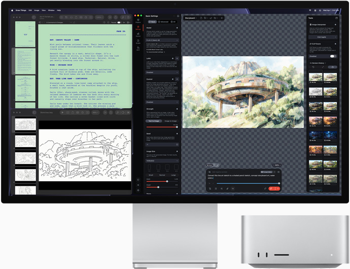Studio Display XDR，螢幕顯示 Draw Things、Pages 和 Keynote 上的建築圖；Mac Studio 正面