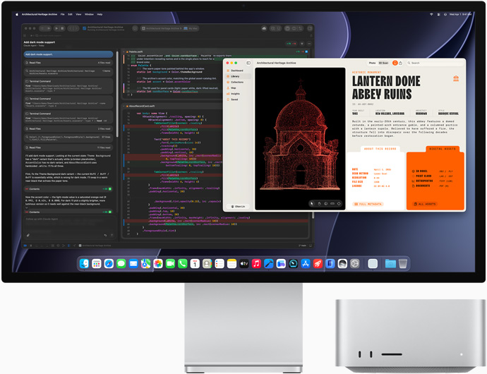 Studio Display XDR, screen shows document in process in Claude Agent in Xcode, Mac Studio, front view