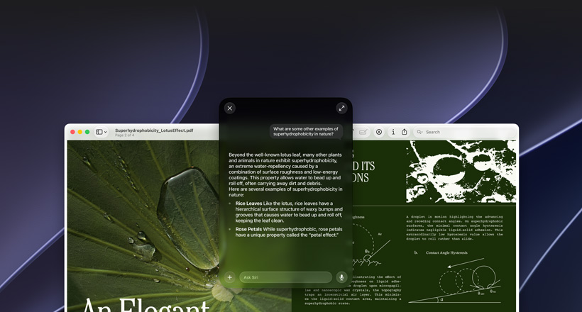 Siri 和視覺智能示範：Mac 螢幕上顯示一個 PDF，用户就相關主題提出「What are some other examples of superhydrophobicity in nature?」的問題，且由 Siri 作出回應