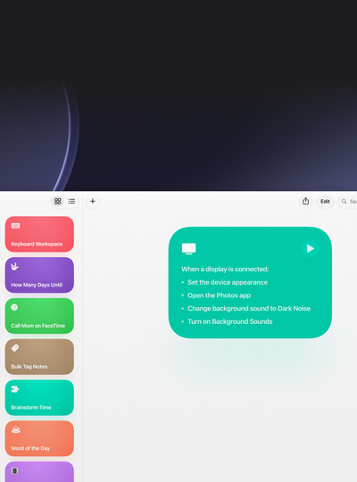 Mac 螢幕上的捷徑 app，展示連接顯示器後執行特定工作的指示