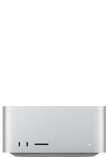 銀色 Mac Studio，正面，兩個 USB-C 連接埠，SDXC 卡插槽、狀態指示燈，以及逐漸收窄的底座；採用平頂、圓渾側邊及平直邊框設計