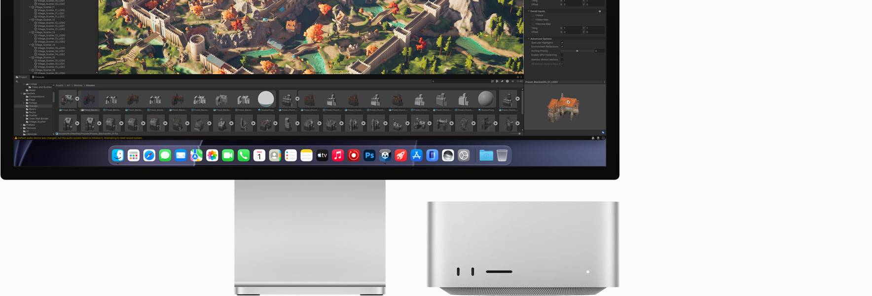 Studio Display XDR, screen shows Unity Editor, Mac Studio, front view