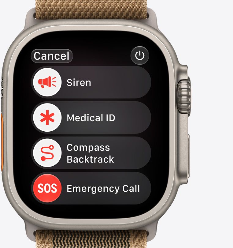 Apple Watch Ultra 4, titanium case, natural color, emergency assistance options onscreen: siren, medical ID, compass backtrack, emergency call